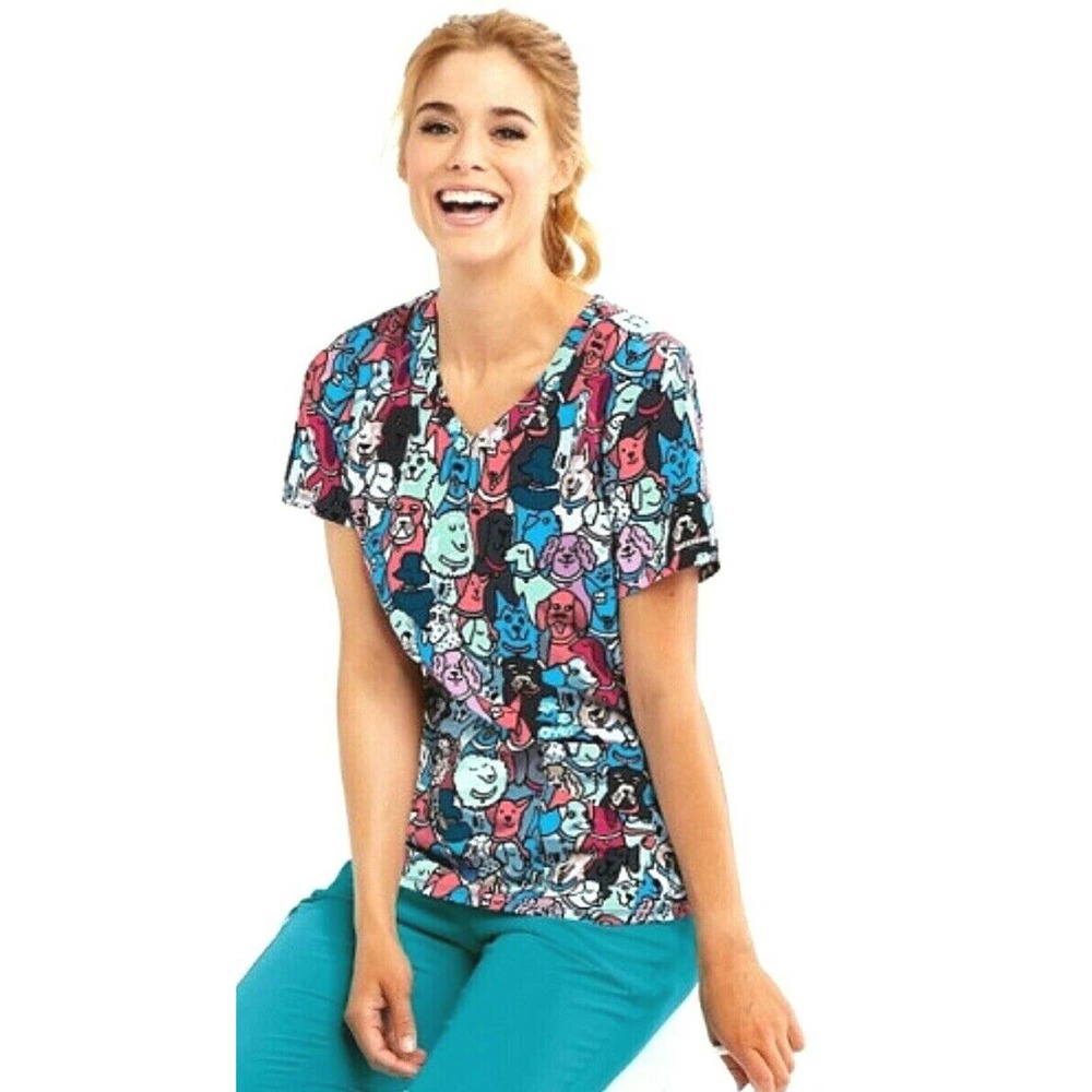 Skechers Barco Womens Scrub Top Size Large Dogs Best Friends V Neck Pullover